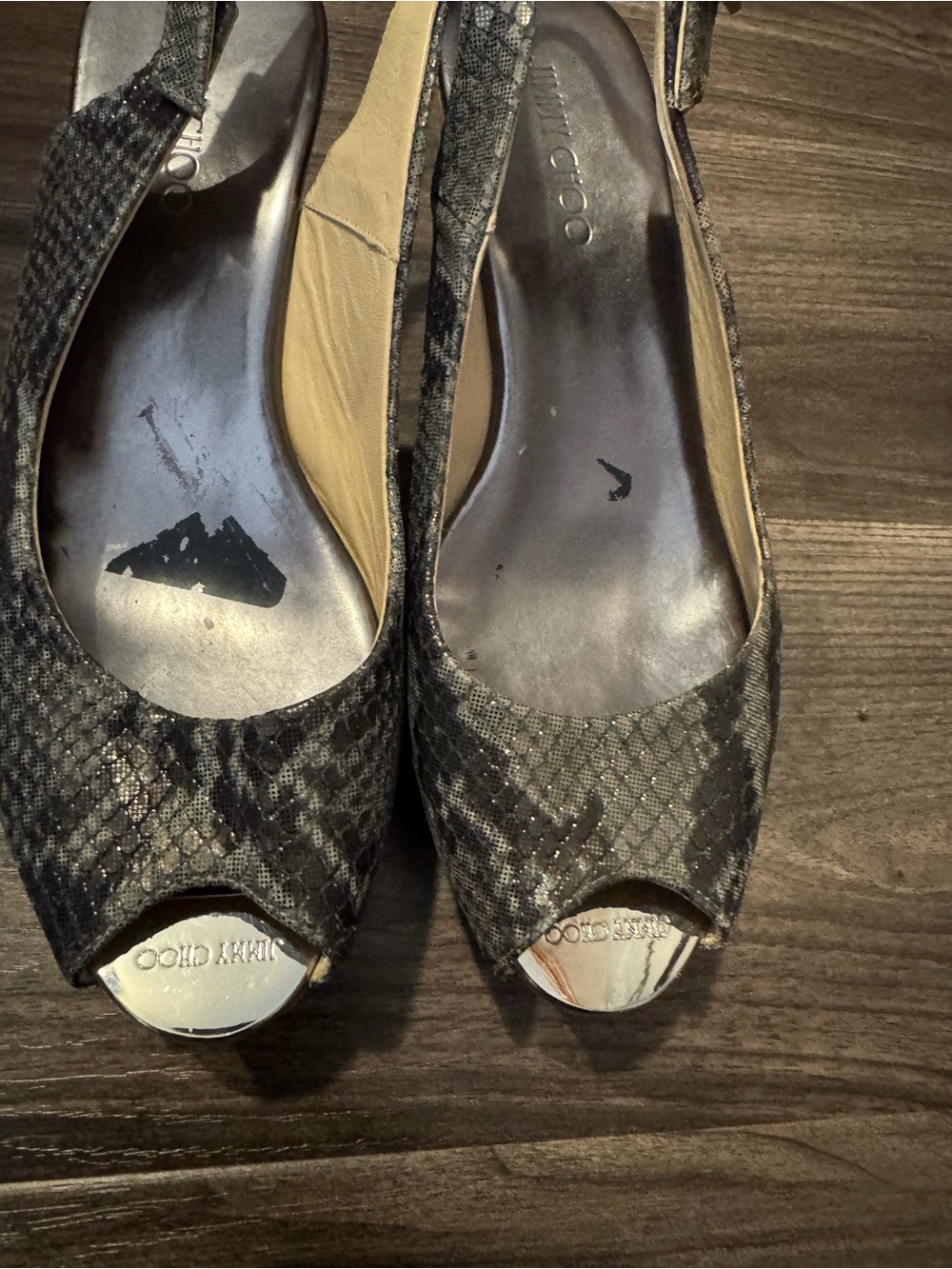 Jimmy Choo Black Snake-Print Peep-Toe Slingback Heels with Silver Toe Caps